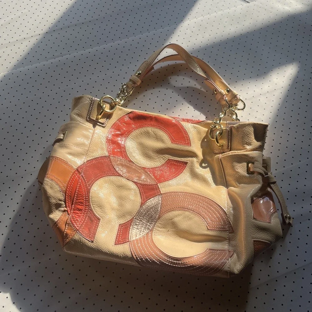 Y2K Coach Soho Leather Patchwork Hobo Shoulder Bag Cream Coral Pink Tan